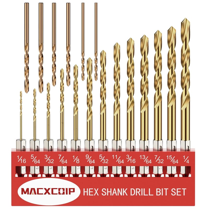 MACXCOIP Drill Bit Set, 19Pcs Twist Drill Bit (13Pcs Hex Shank Drill Bit Set+6Pcs Cobalt Drill Bit) for Sheet Metal, Wood, Plastic, Quick Change Design (1/16" - 1/4") - Image 1